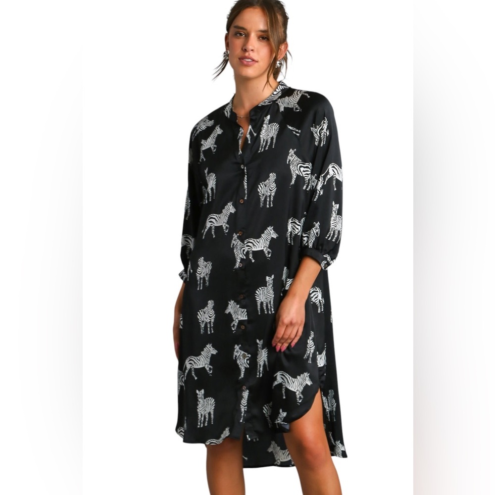 Black Satin Zebra Print Button Down High Low Hen Midi Dress